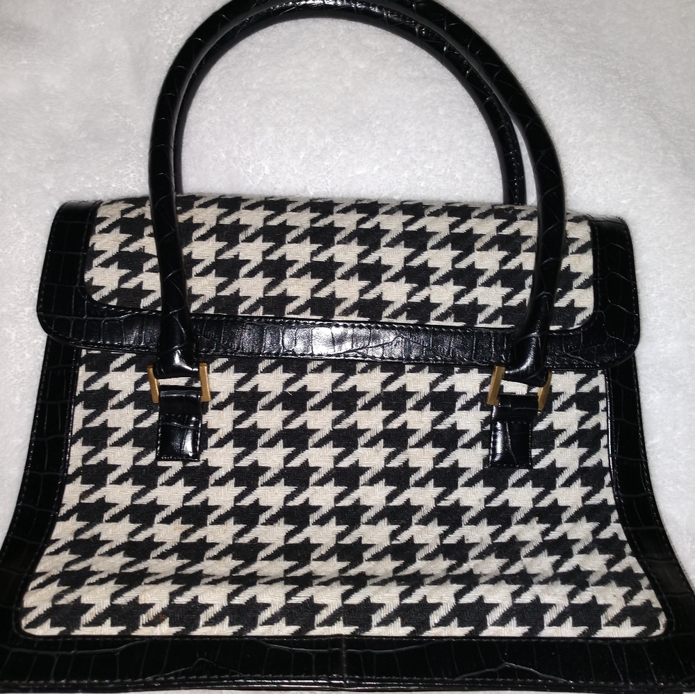 Maggie.B Black & White Herringbone and Black Leather Faux Croc Handbag